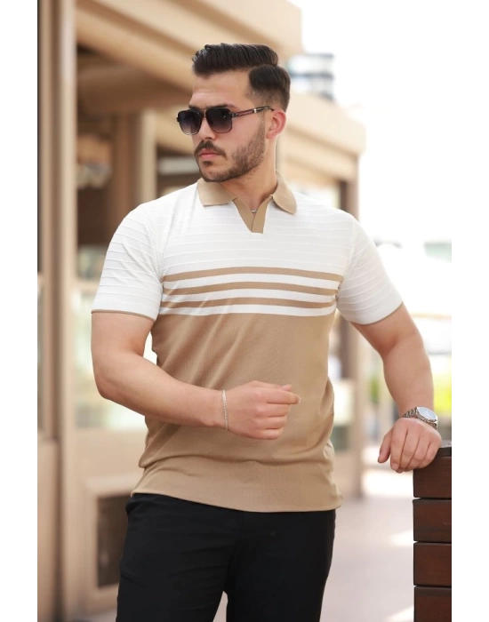 Erkek çizgi Desenli Yakalı Kısa Kollu T-shirt