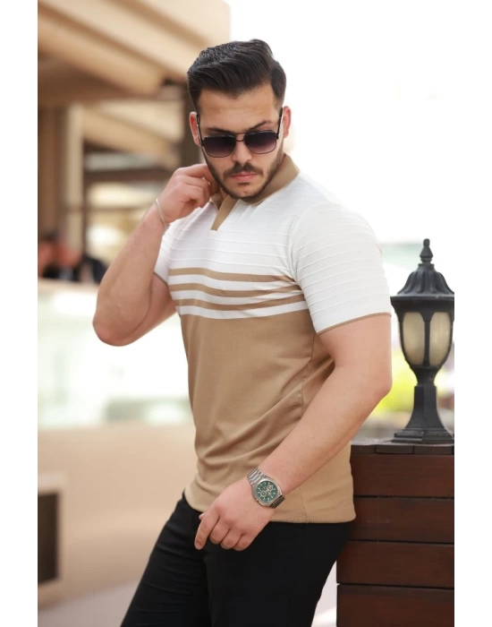 Erkek çizgi Desenli Yakalı Kısa Kollu T-shirt