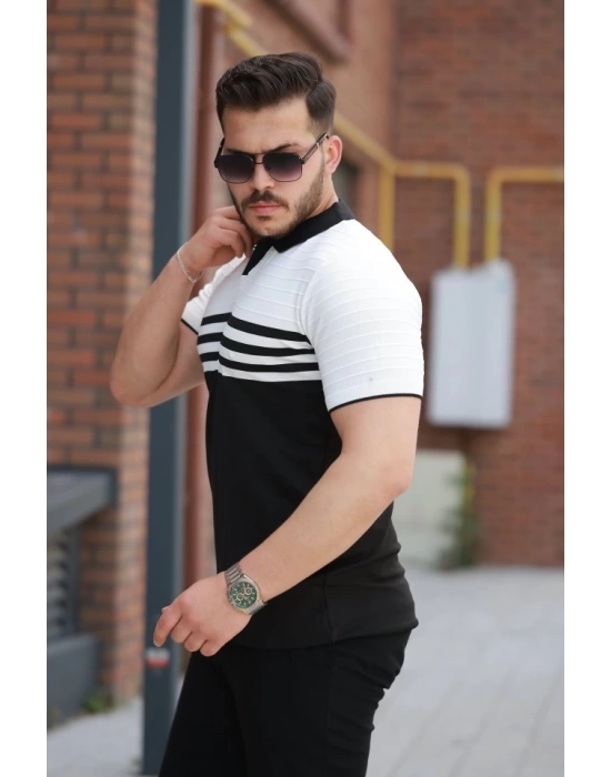 Erkek çizgi Desenli Yakalı Kısa Kollu T-shirt