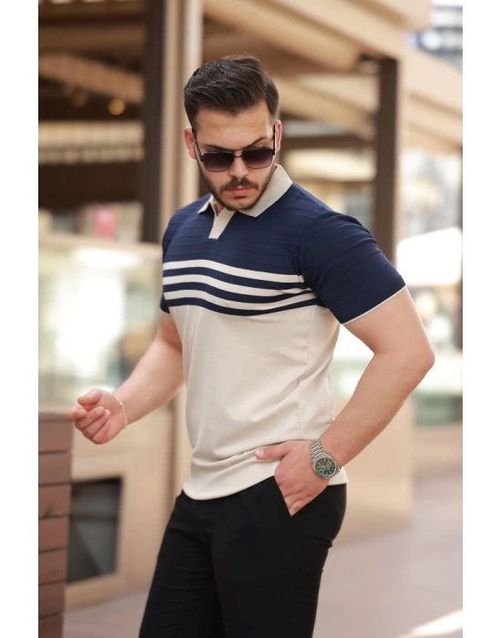 Erkek çizgi Desenli Yakalı Kısa Kollu T-shirt