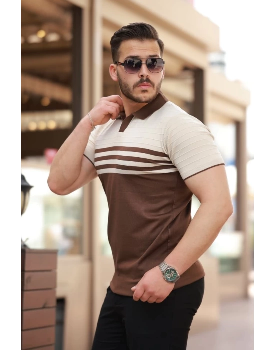 Erkek çizgi Desenli Yakalı Kısa Kollu T-shirt