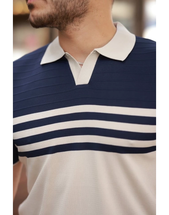 Erkek çizgi Desenli Yakalı Kısa Kollu T-shirt