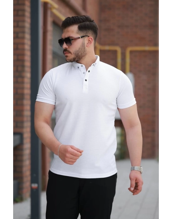 Erkek çizgi Dokulu çıtçıt Yakalı Kısa Kollu T-shirt