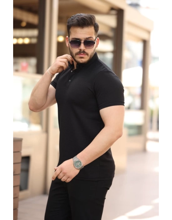 Erkek çizgi Dokulu çıtçıt Yakalı Kısa Kollu T-shirt