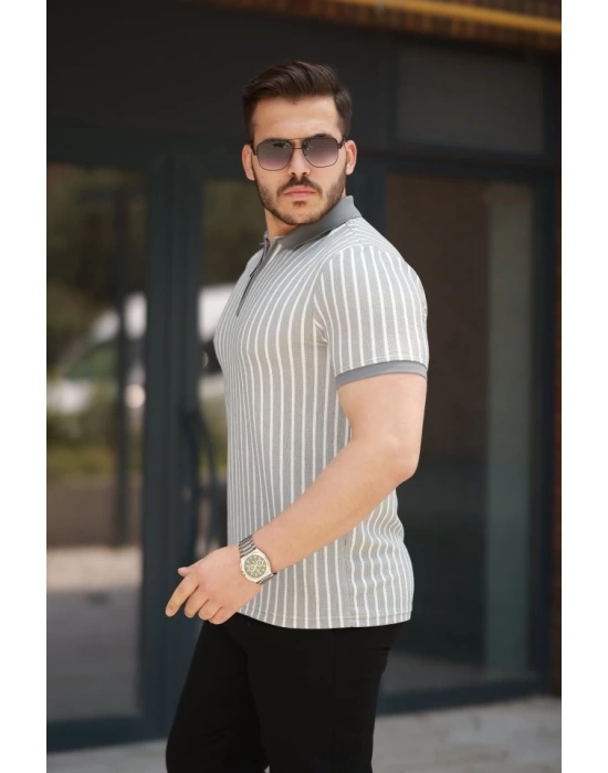 Erkek çizgili Fermuar Yakalı Kısa Kollu Tişört