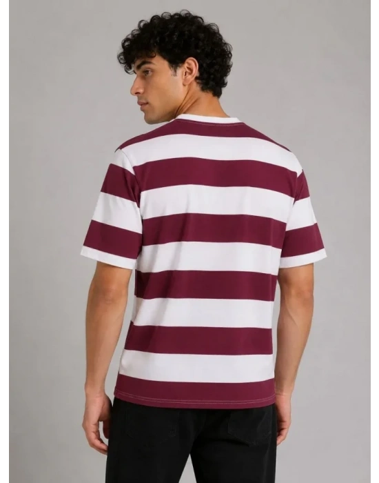 Erkek Çizgili Oversize Tişört Bisiklet Yaka Kısa Kol Yazlık T-Shirt - Bordo