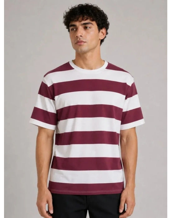 Erkek Çizgili Oversize Tişört Bisiklet Yaka Kısa Kol Yazlık T-Shirt - Bordo