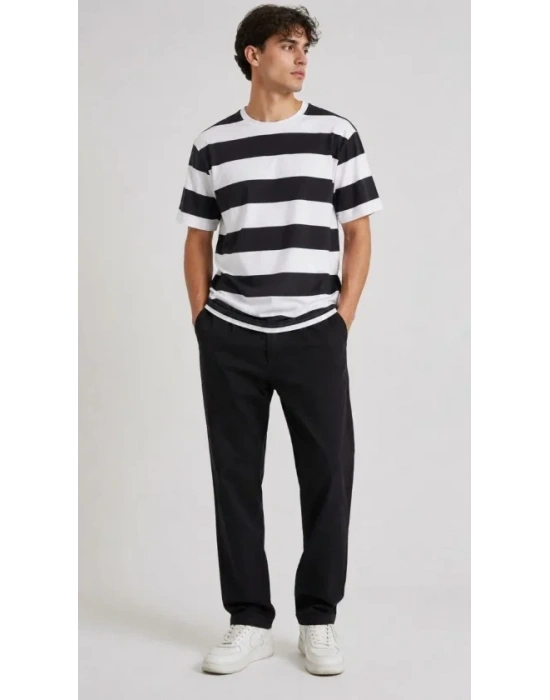 Erkek Çizgili Oversize Tişört Bisiklet Yaka Kısa Kol Yazlık T-Shirt - Siyah