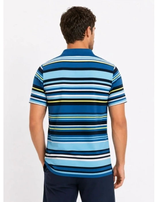 Erkek Çizgili Polo Yaka Tişört Kısa Kol Yazlık T-Shirt Regular Fit - Mavi