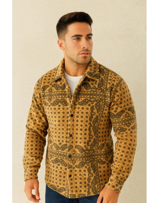 Erkek Desenli Düğmeli Polar Gömlek – Hardal Paisley Desen Yakalı, Uzun Kollu, Oversize Rahat Kalıp - Sarı