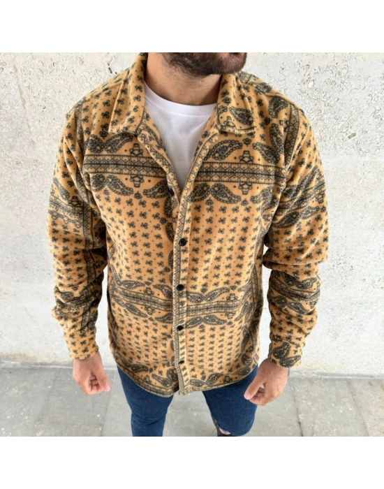 Erkek Desenli Düğmeli Polar Gömlek – Hardal Paisley Desen Yakalı, Uzun Kollu, Oversize Rahat Kalıp - Sarı