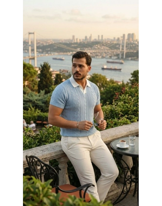 Erkek Desenli Kısa Kollu Triko Tişört - %100 Pamuk Akrilik