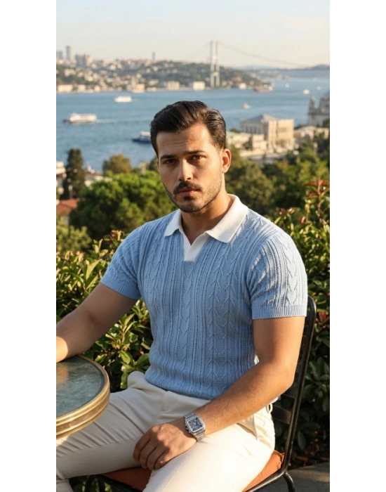 Erkek Desenli Kısa Kollu Triko Tişört - %100 Pamuk Akrilik
