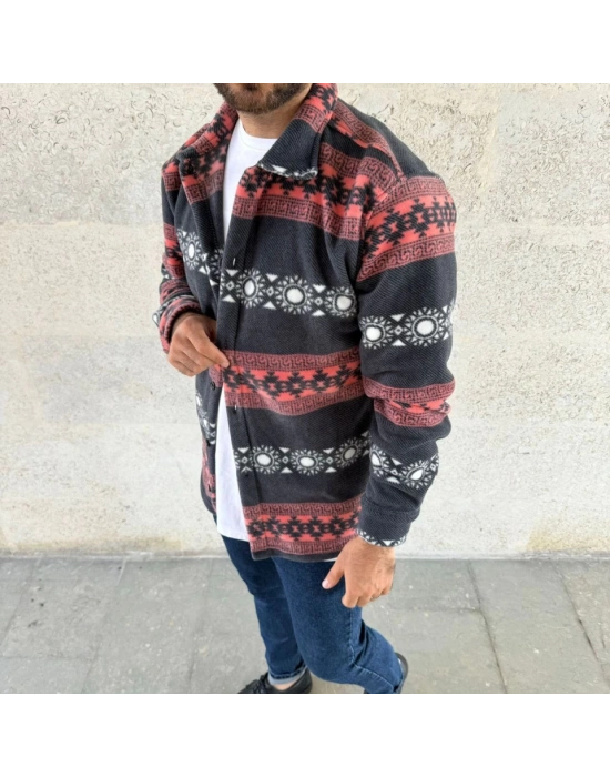 Erkek Desenli Polar Gömlek – Etnik Şerit Desen Yakalı, Uzun Kollu, Düğmeli, Oversize Rahat Kalıp - Füme