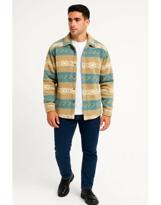 Erkek Desenli Polar Gömlek – Etnik Şerit Desen Yakalı, Uzun Kollu, Düğmeli, Oversize Rahat Kalıp - Sarı