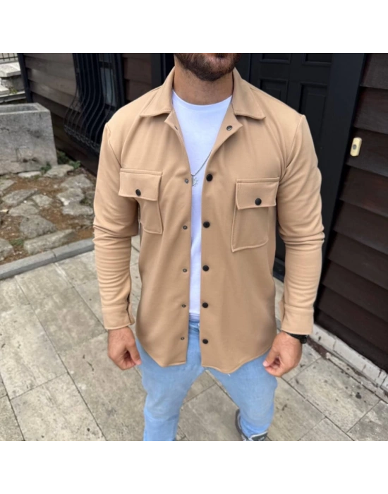 Erkek Diagonal Kumaş Cepli Çıtçıtlı Uzun Kollu, Gömlek Oversize Rahat Kalıp Günlük Şık Stil - Bej