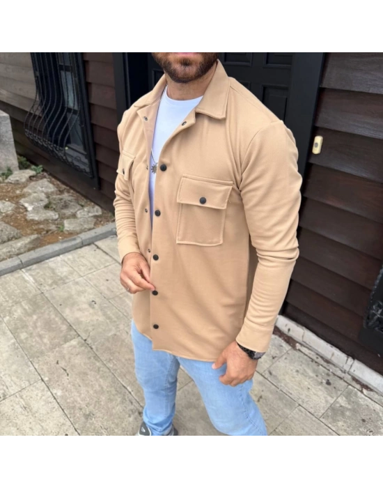 Erkek Diagonal Kumaş Cepli Çıtçıtlı Uzun Kollu, Gömlek Oversize Rahat Kalıp Günlük Şık Stil - Bej