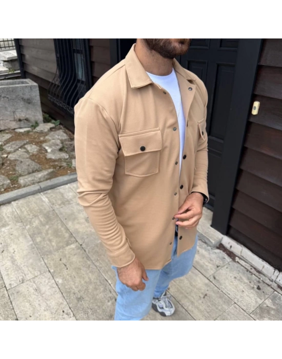 Erkek Diagonal Kumaş Cepli Çıtçıtlı Uzun Kollu, Gömlek Oversize Rahat Kalıp Günlük Şık Stil - Bej