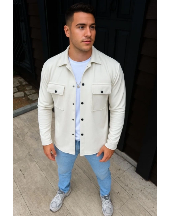 Erkek Diagonal Kumaş Cepli Çıtçıtlı Uzun Kollu, Gömlek Oversize Rahat Kalıp Günlük Şık Stil - Beyaz