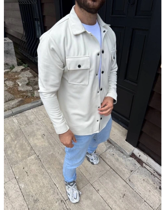 Erkek Diagonal Kumaş Cepli Çıtçıtlı Uzun Kollu, Gömlek Oversize Rahat Kalıp Günlük Şık Stil - Beyaz