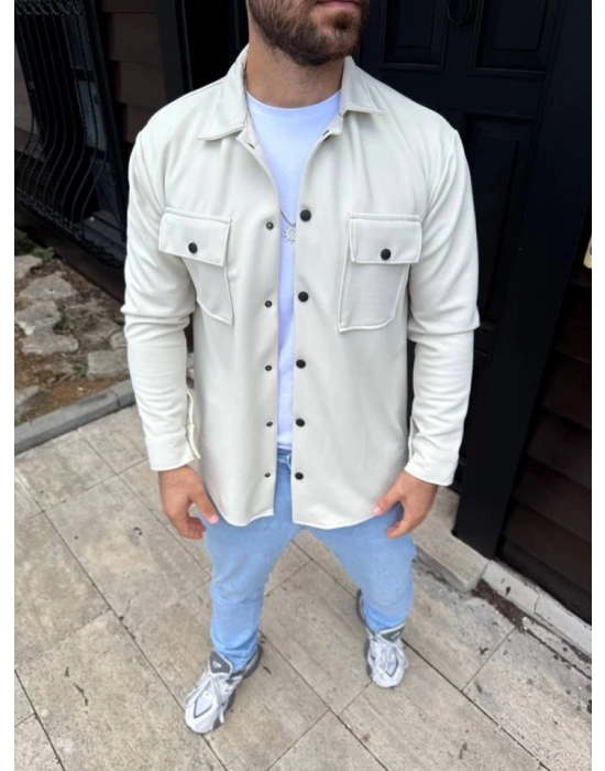 Erkek Diagonal Kumaş Cepli Çıtçıtlı Uzun Kollu, Gömlek Oversize Rahat Kalıp Günlük Şık Stil - Beyaz