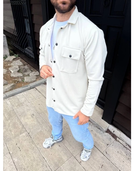 Erkek Diagonal Kumaş Cepli Çıtçıtlı Uzun Kollu, Gömlek Oversize Rahat Kalıp Günlük Şık Stil - Beyaz