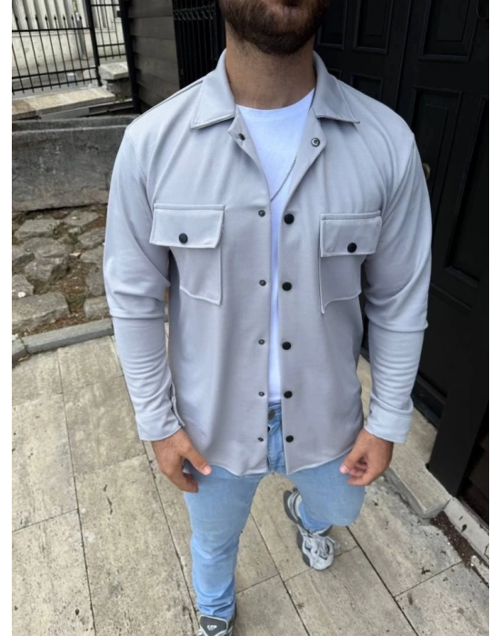 Erkek Diagonal Kumaş Cepli Çıtçıtlı Uzun Kollu, Gömlek Oversize Rahat Kalıp Günlük Şık Stil - Gri