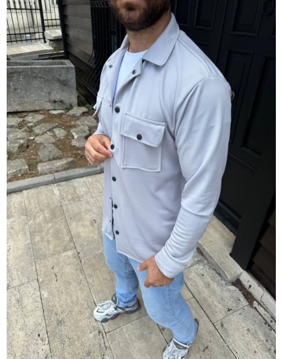 Erkek Diagonal Kumaş Cepli Çıtçıtlı Uzun Kollu, Gömlek Oversize Rahat Kalıp Günlük Şık Stil - Gri