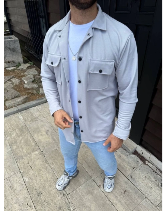 Erkek Diagonal Kumaş Cepli Çıtçıtlı Uzun Kollu, Gömlek Oversize Rahat Kalıp Günlük Şık Stil - Gri