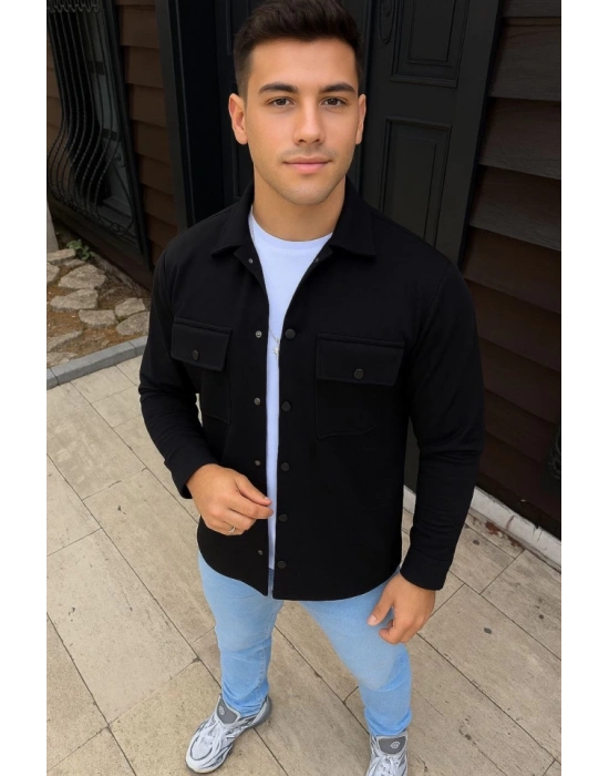 Erkek Diagonal Kumaş Cepli Çıtçıtlı Uzun Kollu, Gömlek Oversize Rahat Kalıp Günlük Şık Stil - Siyah