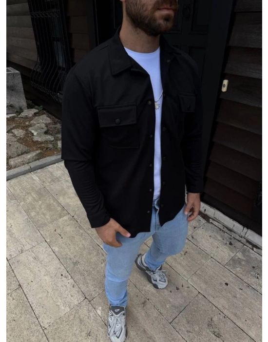 Erkek Diagonal Kumaş Cepli Çıtçıtlı Uzun Kollu, Gömlek Oversize Rahat Kalıp Günlük Şık Stil - Siyah