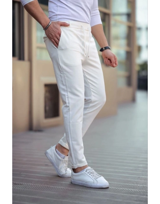 Erkek Diagonel Mikro Dokulu Cepli Beli Lastilki Pantolon - Beyaz