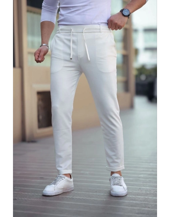 Erkek Diagonel Mikro Dokulu Cepli Beli Lastilki Pantolon - Beyaz