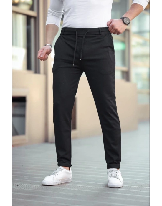 Erkek Diagonel Mikro Dokulu Cepli Beli Lastilki Pantolon - Siyah