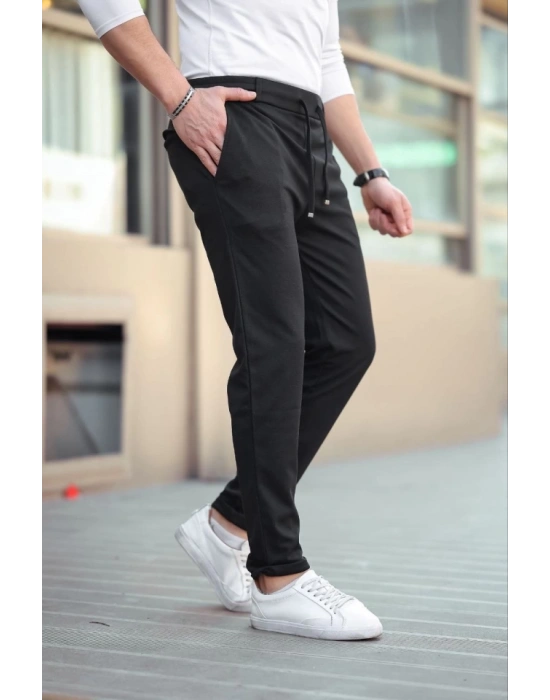 Erkek Diagonel Mikro Dokulu Cepli Beli Lastilki Pantolon - Siyah