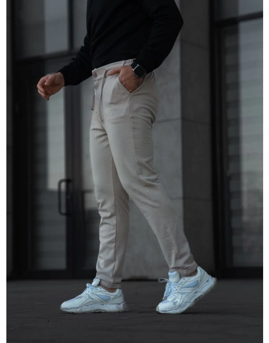 Erkek Diagonel Mikro Dokulu Cepli Pantolon - Bej