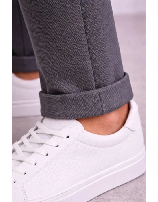 Erkek Diagonel Mikro Dokulu Duble Paça Cepli Pantolon Bağcıklı Bel, Modern Kesim - Füme