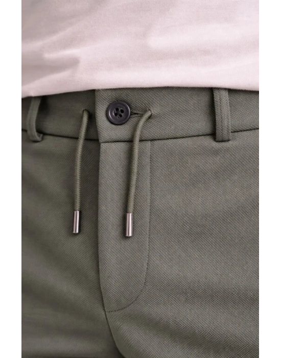 Erkek Diagonel Mikro Dokulu Duble Paça Cepli Pantolon Bağcıklı Bel, Modern Kesim - Haki