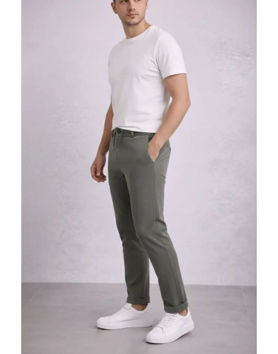 Erkek Diagonel Mikro Dokulu Duble Paça Cepli Pantolon Bağcıklı Bel, Modern Kesim - Haki