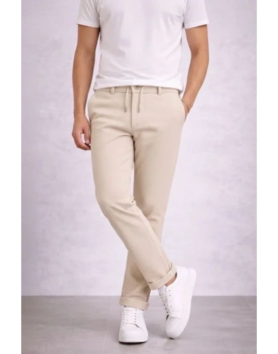 Erkek Diagonel Mikro Dokulu Duble Paça Cepli Pantolon Bağcıklı Bel, Modern Kesim - Krem