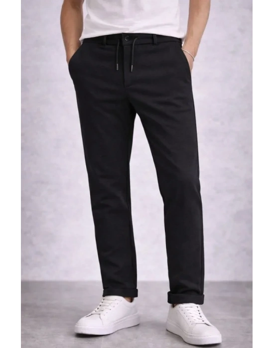 Erkek Diagonel Mikro Dokulu Duble Paça Cepli Pantolon Bağcıklı Bel, Modern Kesim - Siyah