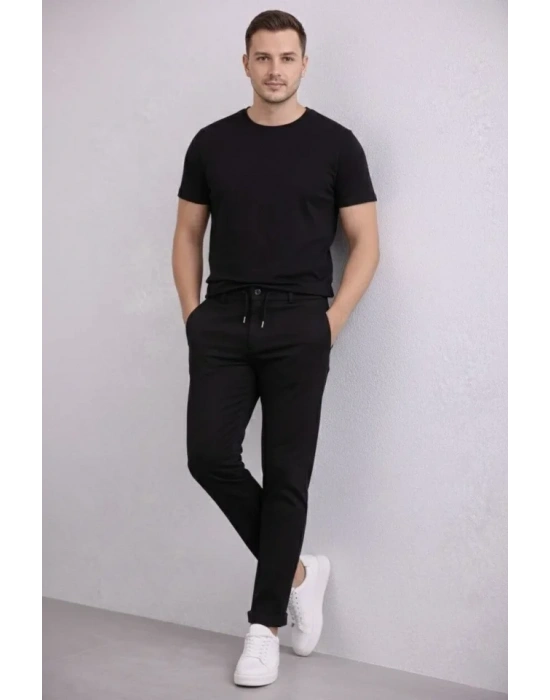 Erkek Diagonel Mikro Dokulu Duble Paça Cepli Pantolon Bağcıklı Bel, Modern Kesim - Siyah