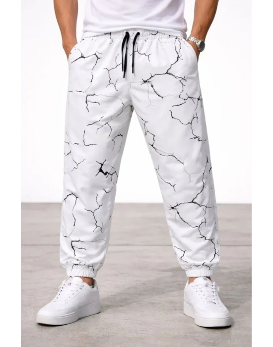 Erkek Dijital Baskılı Eşofman Altı Kışlık Üç İplik Şardonlu Kumaş Lastikli Paça, Cepli, Rahat Kalıp - Beyaz