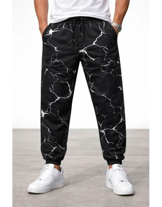 Erkek Dijital Baskılı Eşofman Altı Kışlık Üç İplik Şardonlu Kumaş Lastikli Paça, Cepli, Rahat Kalıp - Siyah