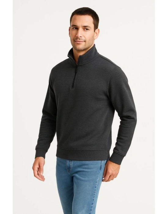 Erkek Dik Yaka Sweatshirt Dik Yaka Yarım Fermuarlı 3 İplik Şardonlu Pamuk Kumaş - Antrasit