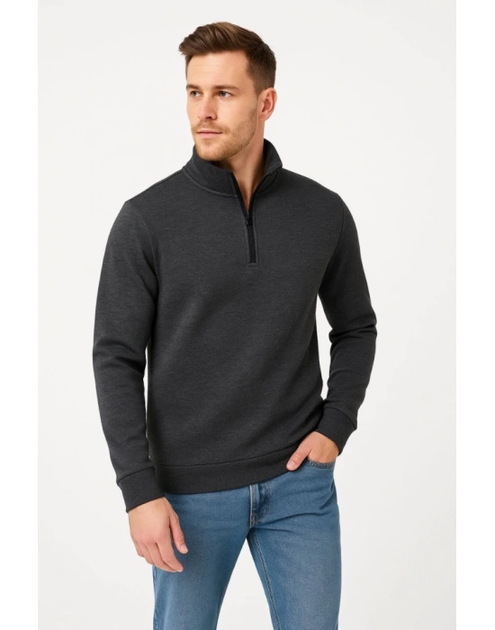 Erkek Dik Yaka Sweatshirt Dik Yaka Yarım Fermuarlı 3 İplik Şardonlu Pamuk Kumaş - Antrasit