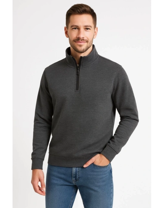 Erkek Dik Yaka Sweatshirt Dik Yaka Yarım Fermuarlı 3 İplik Şardonlu Pamuk Kumaş - Antrasit