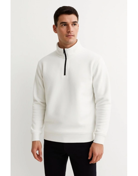 Erkek Dik Yaka Sweatshirt Dik Yaka Yarım Fermuarlı 3 İplik Şardonlu Pamuk Kumaş - Beyaz