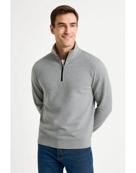 Erkek Dik Yaka Sweatshirt Dik Yaka Yarım Fermuarlı 3 İplik Şardonlu Pamuk Kumaş - Gri