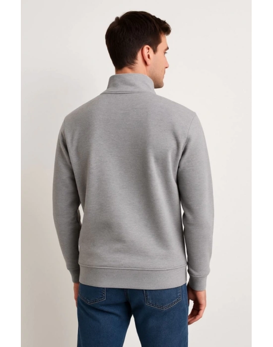 Erkek Dik Yaka Sweatshirt Dik Yaka Yarım Fermuarlı 3 İplik Şardonlu Pamuk Kumaş - Gri
